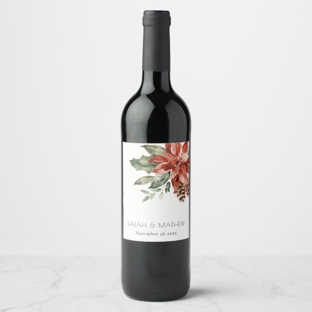 Elegant Red Green Poinsettia Pine Cone Wedding Wine Label (Front)