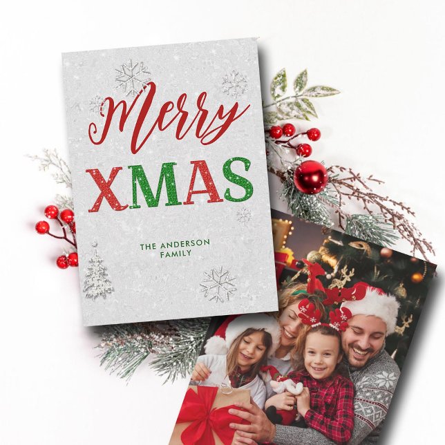 Elegant Red Green Rhinestone Merry Christmas Photo Holiday Card (Merry Christmas winter wonderland rhinestones sparkle red green white family photo holiday card chic)