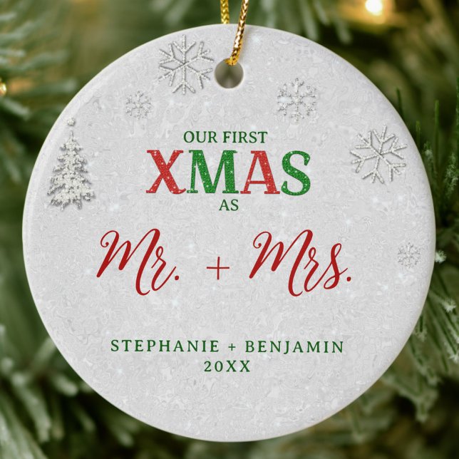 Elegant Red Green Rhinestone Our First Christmas Ceramic Ornament (our first christmas mr mrs red green rhinestones winter wonderland elegant modern stylish photo chic)