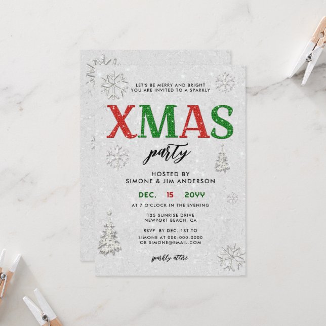 Elegant Red Green Rhinestones Christmas Party Invitation (Front/Back In Situ)