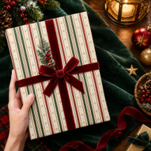 Elegant Red Green Striped Snowflake Holiday 