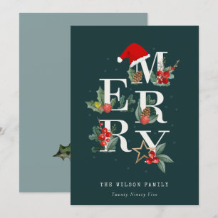 Elegant Red Green White Merry Christmas Foliage Holiday Card