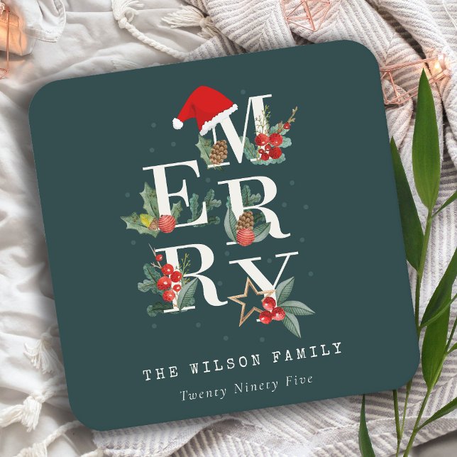 Elegant Red Green White Merry Christmas Foliage Square Paper Coaster (Creator Uploaded)