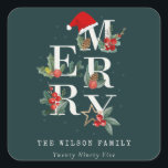 Elegant Red Green White Merry Christmas Foliage Square Sticker<br><div class="desc">If you need any further customisation please feel free to message me on yellowfebstudio@gmail.com.</div>