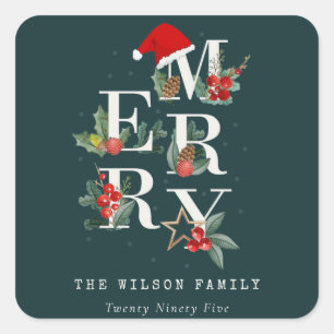 Elegant Red Green White Merry Christmas Foliage Square Sticker
