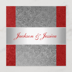 Elegant Red Grey Paisley White Engagement Party Invitation