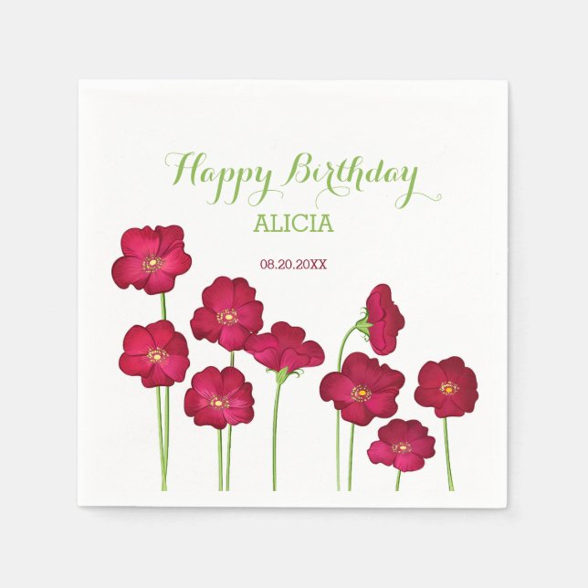 Elegant Red Growing Wildflower Birthday Party Napkin (Front)
