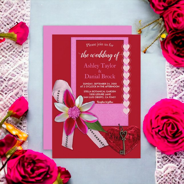 Elegant Red Heart Bow Script Classy Formal Wedding Invitation (Creator Uploaded)