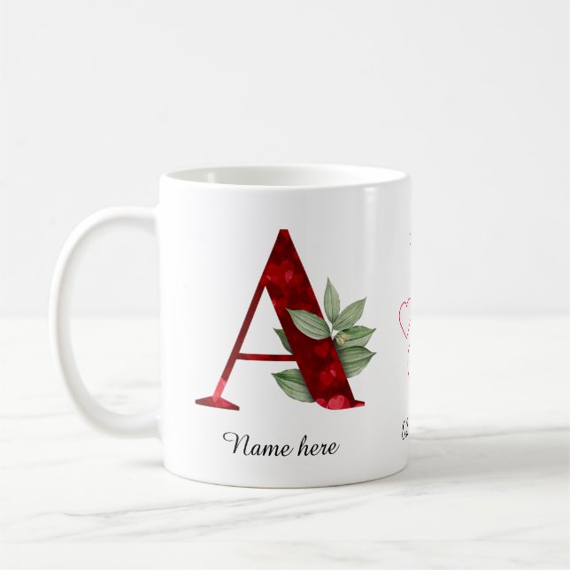 Elegant Red Heart Floral Letter A Initial Mug (Left)