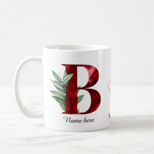 Elegant Red Heart Floral Letter B Initial Coffee M Mug