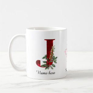 Elegant Red Heart Floral Letter J Initial Mug