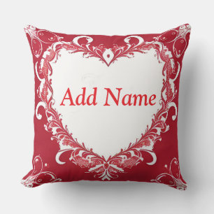Elegant Red Heart Frame with Floral Patterns Throw Pillow