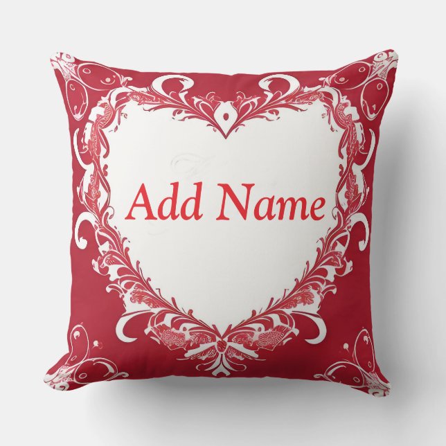 Elegant Red Heart Frame with Floral Patterns Throw Pillow (Front)