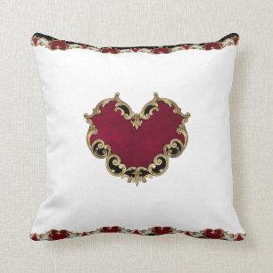 Elegant Red Heart Gold Ornate Throw Pillow