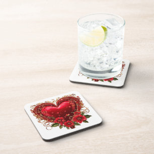 Elegant Red Heart with Flowers Coaster