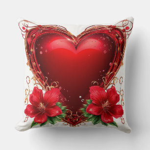 Elegant Red Heart with Flowers Throw Pillow