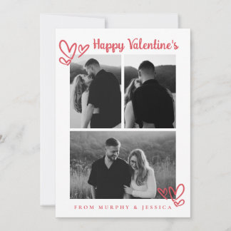 Elegant Red Hearts Happy Valentine's Day 3 Photo Holiday Card