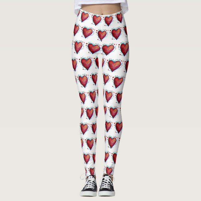 Elegant Red Hearts Watercolor Custom Leggings (Front)