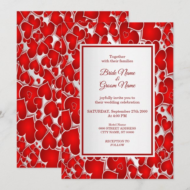 Elegant Red Hearts Wedding Invitation (Front/Back)