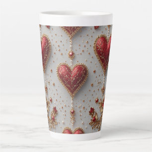 Elegant Red Hearts with Golden Floral Details Latte Mug
