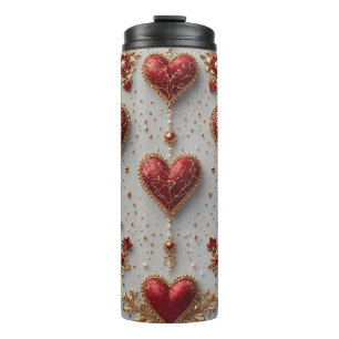 Elegant Red Hearts with Golden Floral Details Thermal Tumbler