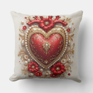 Elegant Red Hearts with Golden Floral Details Throw Pillow