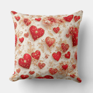 Elegant Red Hearts with Golden Floral Details Throw Pillow