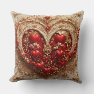 Elegant Red Hearts with Golden Floral Details Throw Pillow