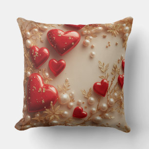 Elegant Red Hearts with Golden Floral Details Throw Pillow