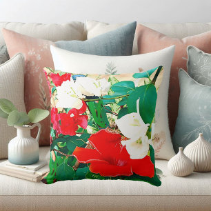 Elegant Red Hibiscus Tropical Flower Watercolor  Throw Pillow