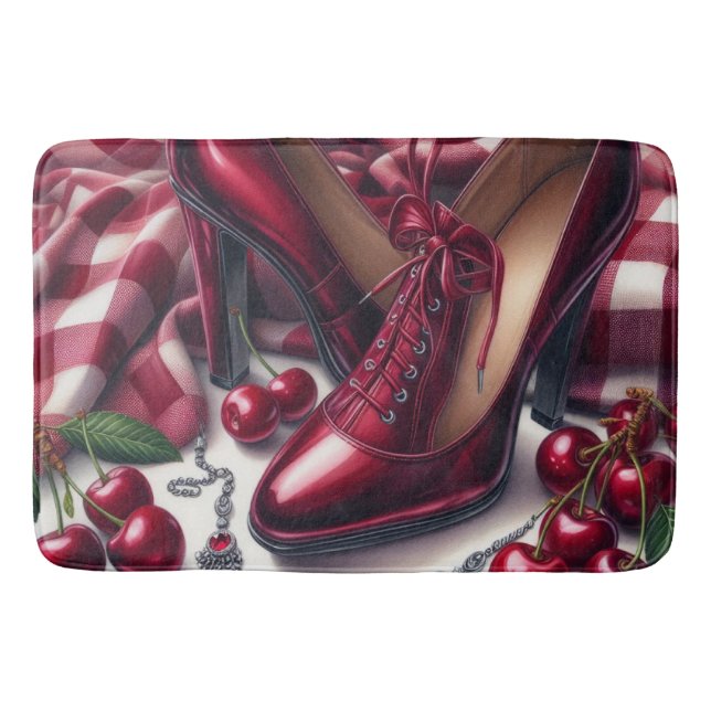 Elegant Red High Heels with Cherry  Bath Mat (Front)