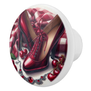 Elegant Red High Heels with Cherry  Ceramic Knob