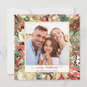 Elegant Red Holiday Floral Christmas Photo Card