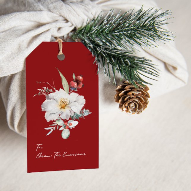 Elegant Red Holiday Gift Tags (Elegant Holiday Red Photo Merry Christmas Gift Tag Message Watercolor Berries Floral Boho Chic)