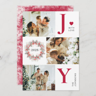 Elegant Red Holly Berries 3 Photo Joy Christmas Holiday Card