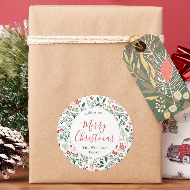 Elegant Red Holly Berry Greenery Christmas Classic Round Sticker (Holiday)