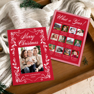 Elegant Red Holly Border Year in Review Photo Holiday Card