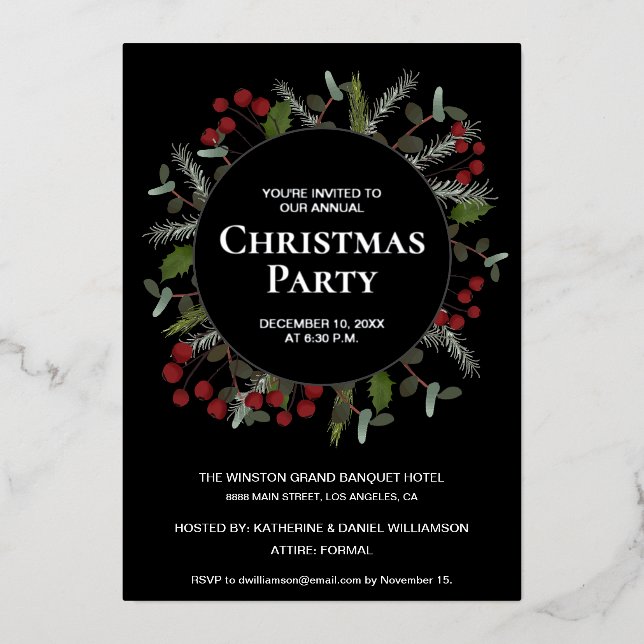 Elegant Red Holly Wreath Corporate Christmas party Foil Holiday Card (Front)