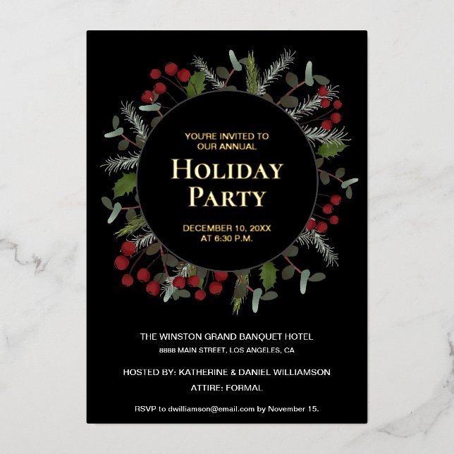 Elegant Red Holly Wreath Corporate Holiday party (Front)