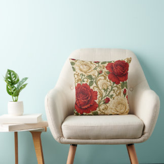 Elegant Red Ivory Rose Victorian Decorative Throw Pillow