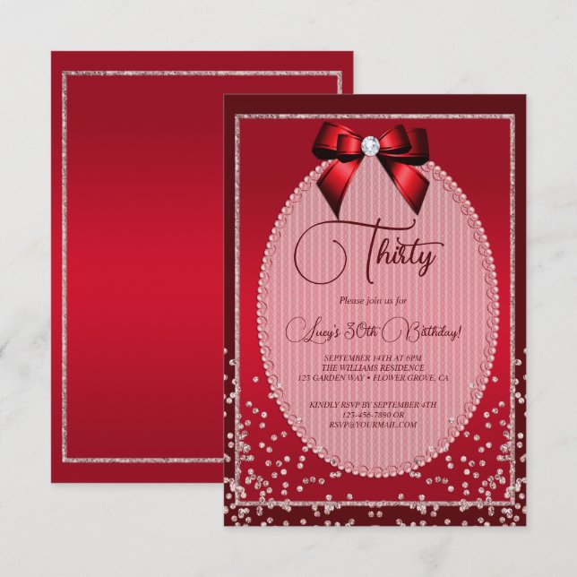 Elegant Red Jewel Bow & Confetti Birthday Invitation (Front/Back)