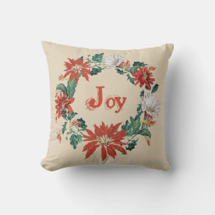 Elegant Red Joy Christmas Floral Wreath on Beige Throw Pillow