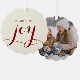Elegant Red Joy Personalized Christmas Photo Ornament Card