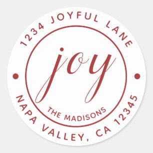 Elegant Red Joy Round Return Address Classic Round Sticker