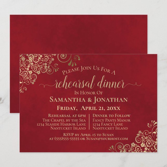 Elegant Red & Lacy Gold Wedding Rehearsal & Dinner Invitation (Front/Back)