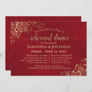 Elegant Red & Lacy Gold Wedding Rehearsal & Dinner Invitation