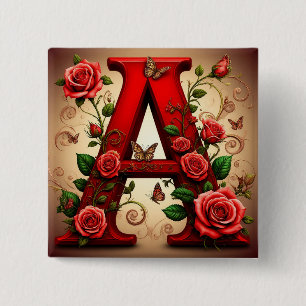 Elegant Red Letter A by Roses and Butterfly 2 Inch Square Button