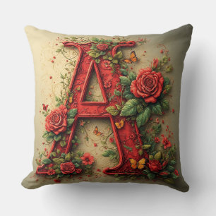 Elegant Red Letter A Surrounded by Roses Throw Pillow