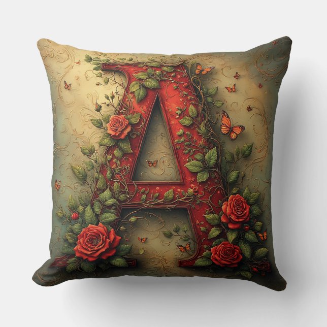 Elegant Red Letter A Surrounded by Roses Throw Pillow (Front)