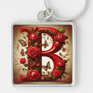 Elegant Red Letter B by Roses and Butterfly Keychain